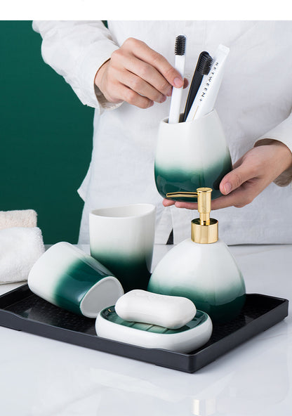 Ceramic Bathroom Accessories Sets Gradient Lotion Dispenser Pump Bottle Toothbrush Holder Mouthwash Cup Soap Dish Washing Tools