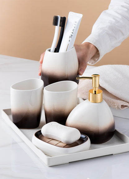 Ceramic Bathroom Accessories Sets Gradient Lotion Dispenser Pump Bottle Toothbrush Holder Mouthwash Cup Soap Dish Washing Tools