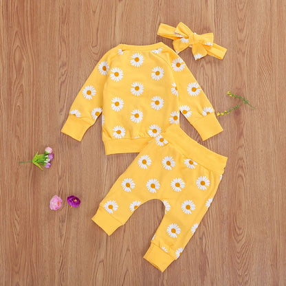 2021 Spring Fall Baby Clothes Set Floral Printed Sweatshirts Tops+Pants+Bow Headband Outfit Girls Clothing Set 3pcs