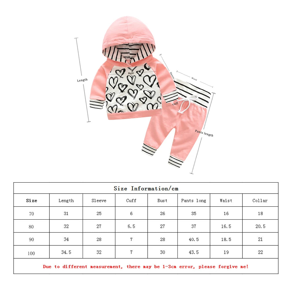 Top and Top Fashion Cute Infant Newborn Baby Girl Clothes Hooded Sweatshirt Striped Pants 2pcs Outfit Cotton Baby Tracksuit Set