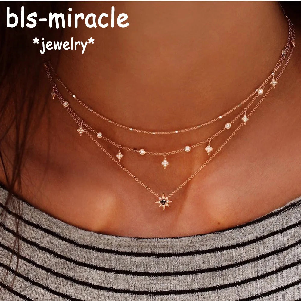 Bls-miracle Boho Crystal Pendant Necklace Fashion Multilayer Star Necklaces Statement Deck Chain For Women Jewelry Gift NX-53