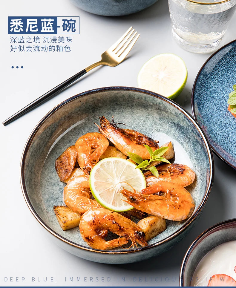 Retro Ceramic Bowl Salad Bowl Single Nordic Creative Dish Bowl Noodle Bowl Home Personalized Dish Deep Plate