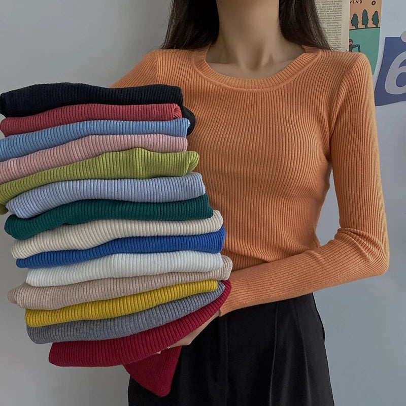 2025 New-coming Autumn Winter Tops O-Neck Pullovers Sweaters Primer shirt long sleeve Short Korean Slim-fit tight sweater