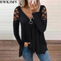 Women's Fashion Casual Clothes Off Shoulder Long Sleeve Tops V-neck Zipper Tees LadiesT-shirt Loose Cotton Shirts 5XL