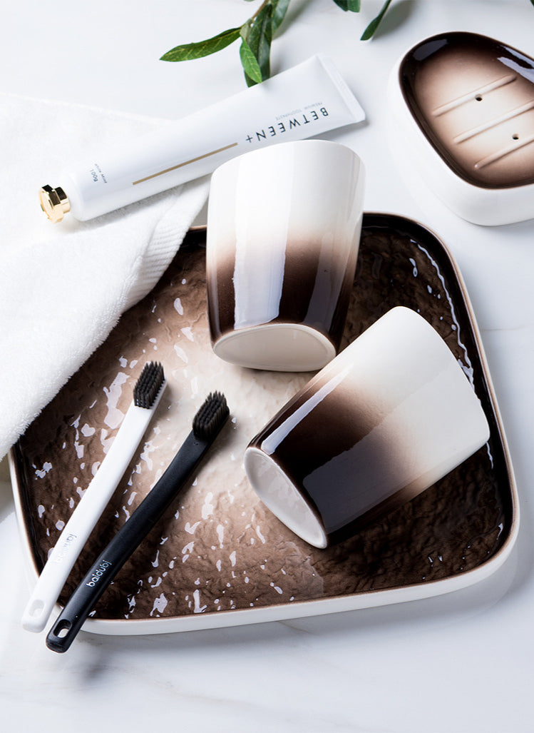 Ceramic Bathroom Accessories Sets Gradient Lotion Dispenser Pump Bottle Toothbrush Holder Mouthwash Cup Soap Dish Washing Tools