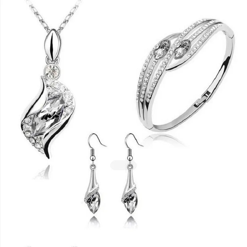 Luxury 925 Sterling Silver Crystal Zircon Pendant Necklace Earring Bracelet Set for Women Girl Wedding Party Trendy Jewelry Gift