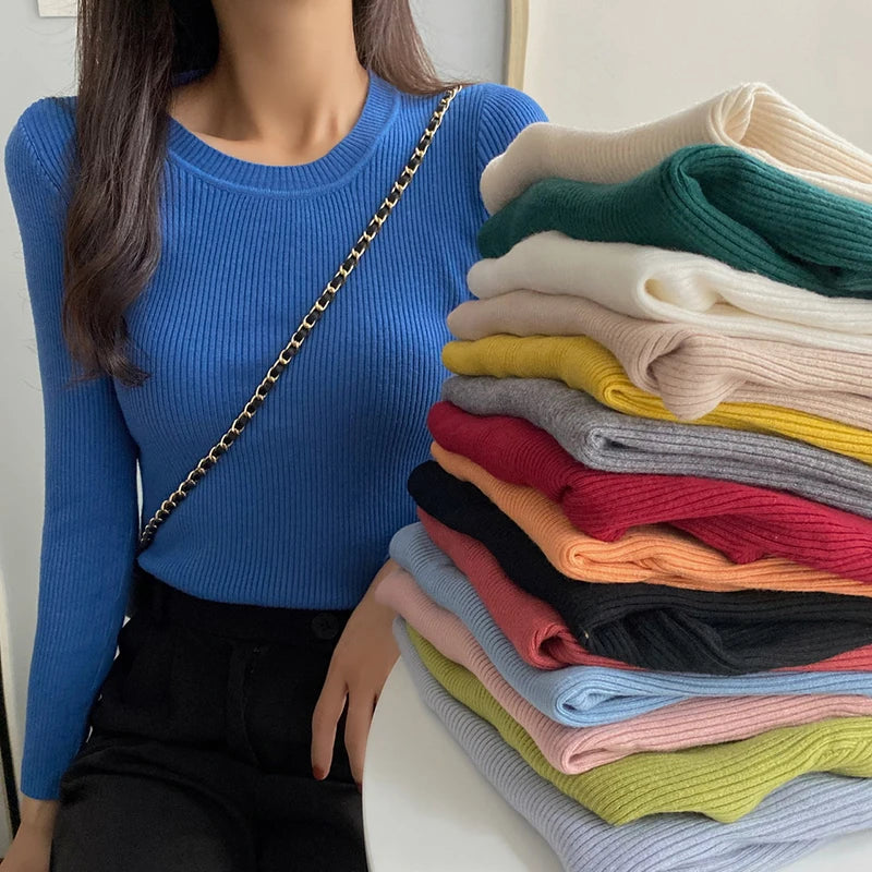 2025 New-coming Autumn Winter Tops O-Neck Pullovers Sweaters Primer shirt long sleeve Short Korean Slim-fit tight sweater