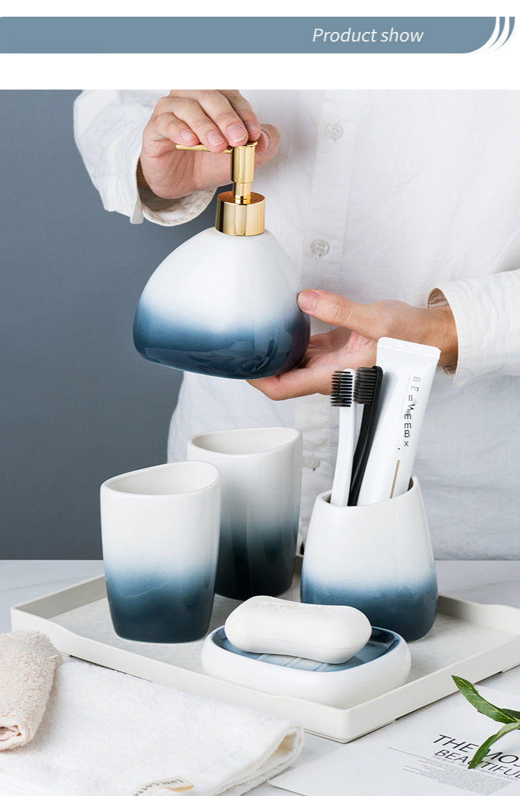 Ceramic Bathroom Accessories Sets Gradient Lotion Dispenser Pump Bottle Toothbrush Holder Mouthwash Cup Soap Dish Washing Tools