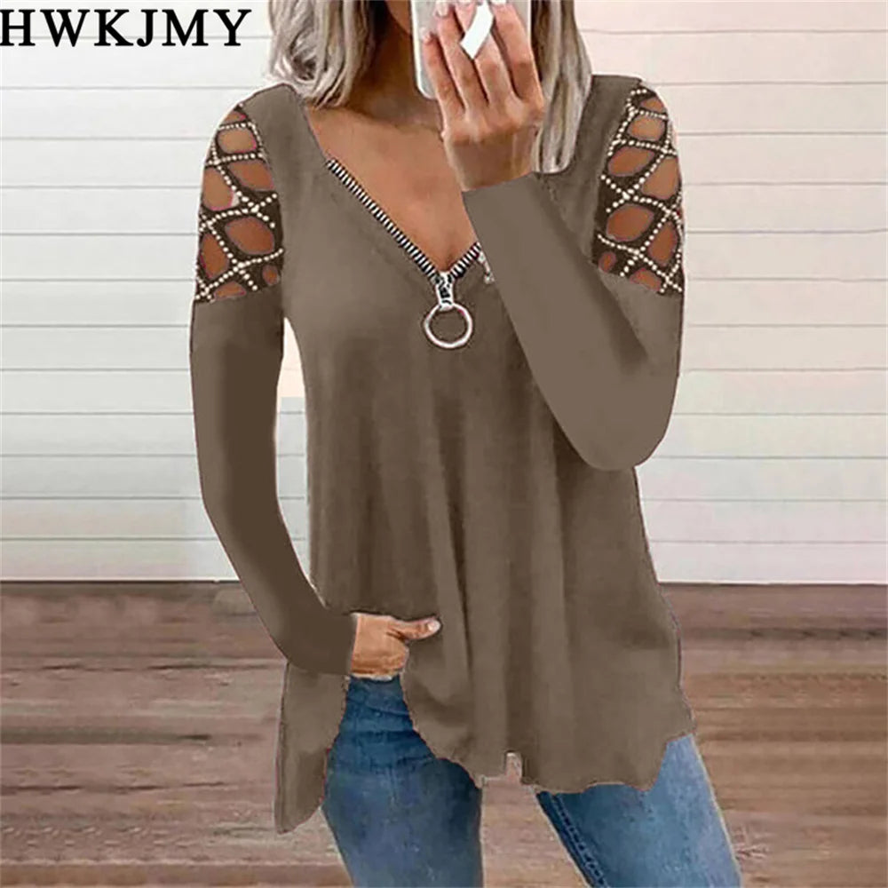 Women's Fashion Casual Clothes Off Shoulder Long Sleeve Tops V-neck Zipper Tees LadiesT-shirt Loose Cotton Shirts 5XL