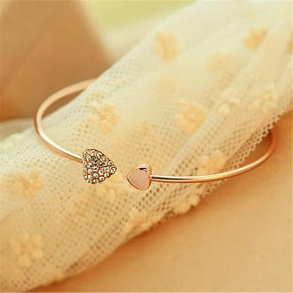 Woozu 2019 New Fashion Adjustable Crystal Double Heart Bow Bilezik Cuff Opening Bracelet For Women Jewelry Gift Mujer Pulseras