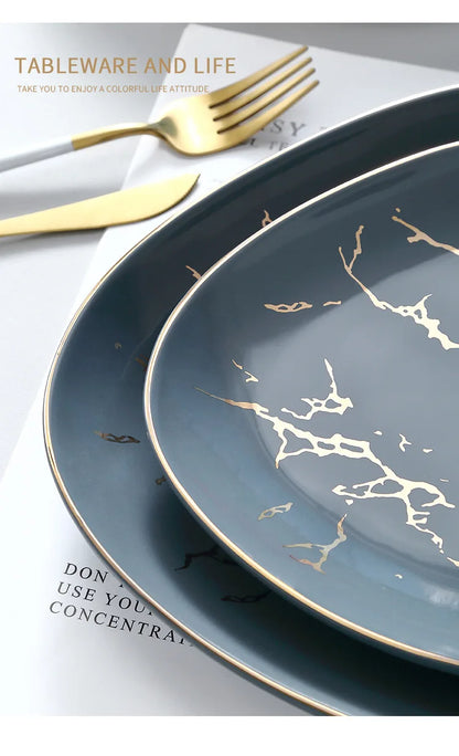 Nordic Dinner Irregular Plates Ins Gold Inlay Dinner Dish Marble Steak Plates Ceramic Dishes Tray Dinnerware Sets Drop Shipping