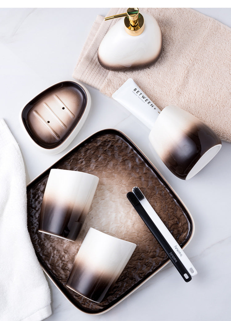 Ceramic Bathroom Accessories Sets Gradient Lotion Dispenser Pump Bottle Toothbrush Holder Mouthwash Cup Soap Dish Washing Tools