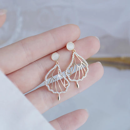 JUWANG Luxury Plated 14K Real Gold Leaves Earring Delicate Micro Inlaid Cubic Zircon CZ Stud Earrings Wedding Jewelry Pendant