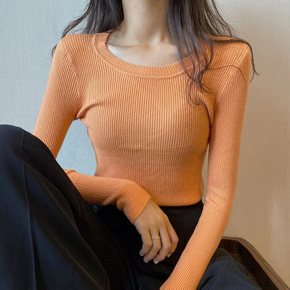 2025 New-coming Autumn Winter Tops O-Neck Pullovers Sweaters Primer shirt long sleeve Short Korean Slim-fit tight sweater