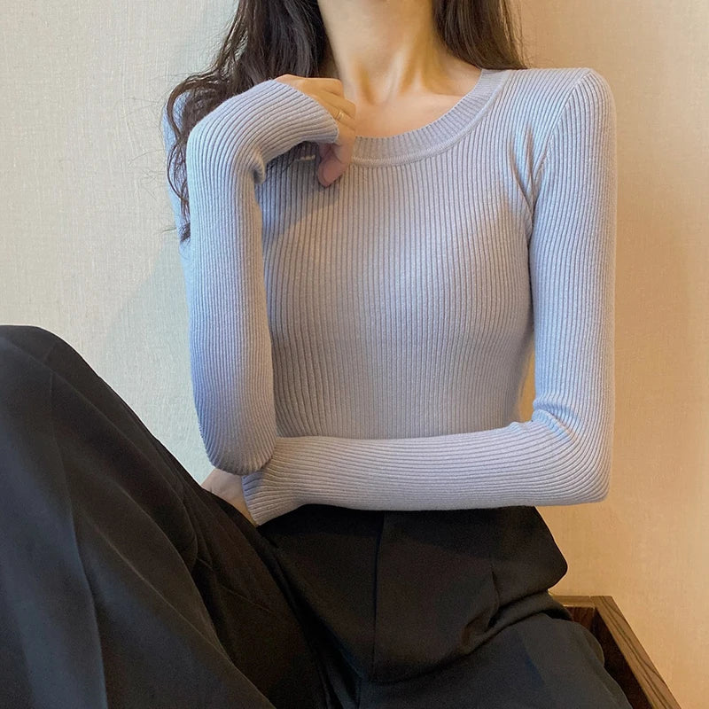 2025 New-coming Autumn Winter Tops O-Neck Pullovers Sweaters Primer shirt long sleeve Short Korean Slim-fit tight sweater