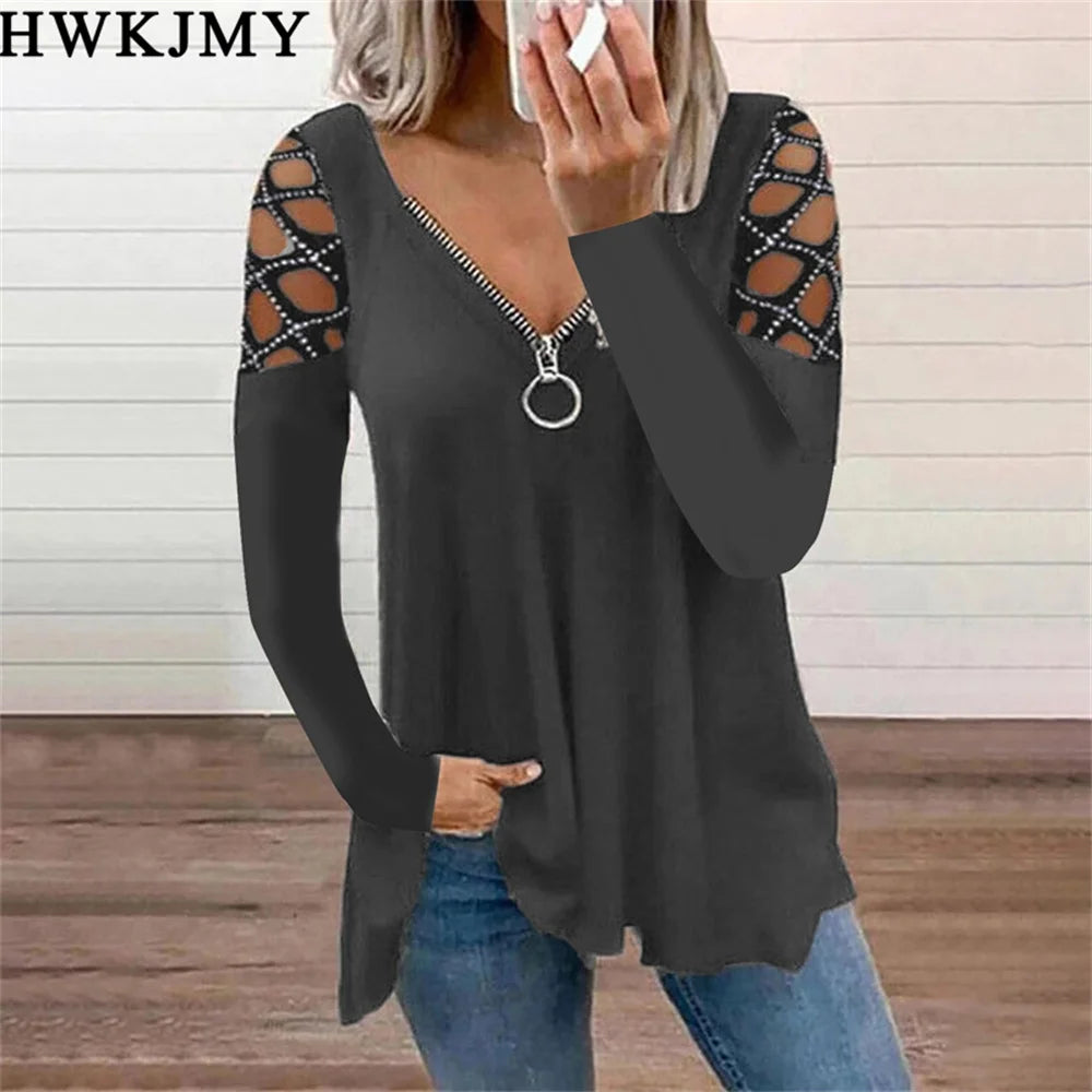 Women's Fashion Casual Clothes Off Shoulder Long Sleeve Tops V-neck Zipper Tees LadiesT-shirt Loose Cotton Shirts 5XL