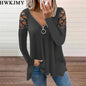 Women's Fashion Casual Clothes Off Shoulder Long Sleeve Tops V-neck Zipper Tees LadiesT-shirt Loose Cotton Shirts 5XL