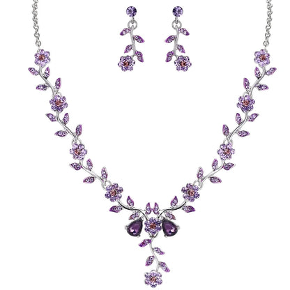 Women's Wedding Jewelry Leaf Cluster Flower Crystal Dangle Earrings Pendant Necklace Set for Bridal