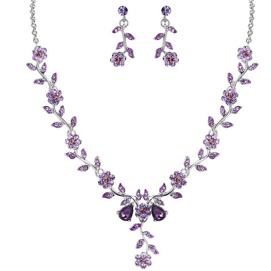 Women's Wedding Jewelry Leaf Cluster Flower Crystal Dangle Earrings Pendant Necklace Set for Bridal