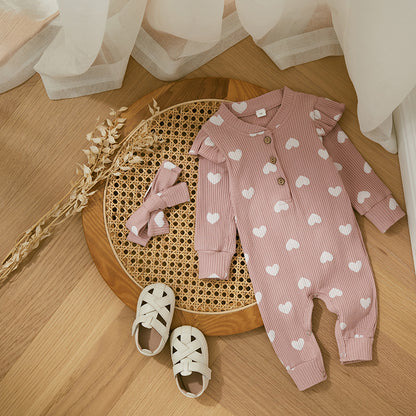 Ruffle Long Sleeve Infant Baby Girls Romper Kids Clothes Cute Heart Print Rib Jumpsuit+Headdress Valentine's Day Kids Playsuit