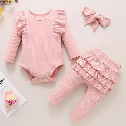 Newborn Baby Girls Clothes Infant Long Sleeve Ruffle Romper Bodysuits+Pants+Bow Headband 3Pcs Suit Children Toddler Outfit A422