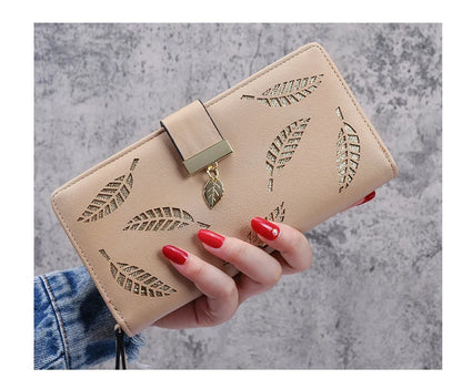 2024 new women's purse sweet lady PU leather horizontal zipper women's medium long hollow leaf purse