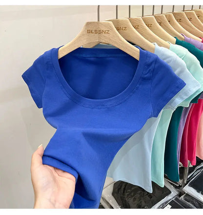 Women's Clothing U-neck T-Shirts Tops Tees pure cotton shoulder sleeved summer solid color slimming short low neck bottom shirt