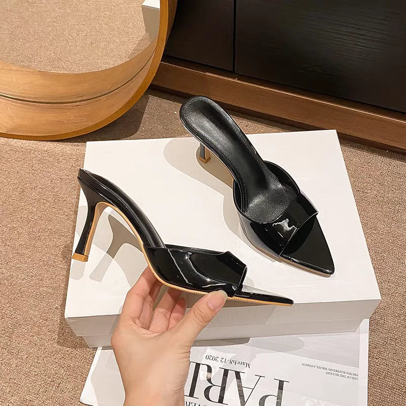2025 New Slippers Casual Slides Square Toe Low Women Heels Luxury Summer High Thin Soft PU Fashion Concise Fabric Rubber Plastic