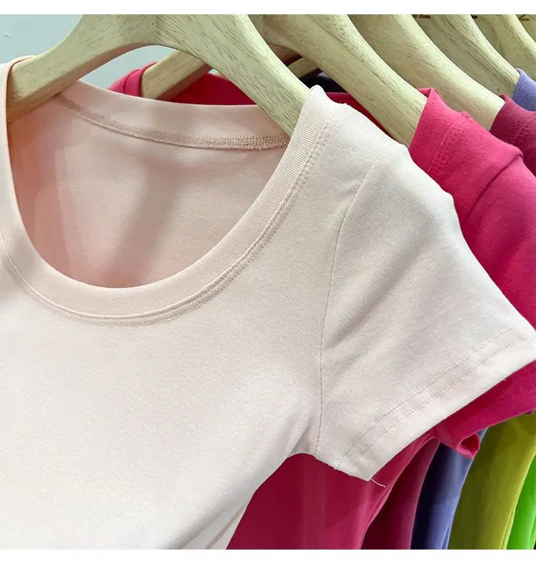 Women's Clothing U-neck T-Shirts Tops Tees pure cotton shoulder sleeved summer solid color slimming short low neck bottom shirt