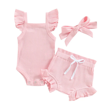 Newborn Baby Girl Clothes Summer Outfit Ruffle Sleeveless Knit Romper Top Bloomer Shorts Set