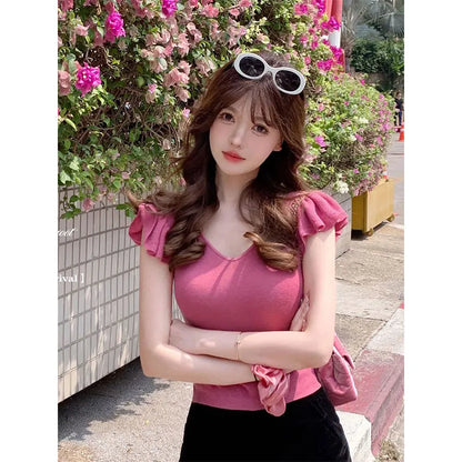 Women Clothes Summer Casual Fashion Simplicity Solid Color V-neck Tops Women's Trend All-match Sweet Temperament Slim T-Shirt