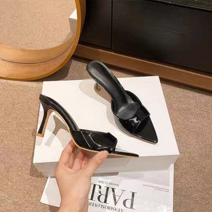 2025 New Slippers Casual Slides Square Toe Low Women Heels Luxury Summer High Thin Soft PU Fashion Concise Fabric Rubber Plastic