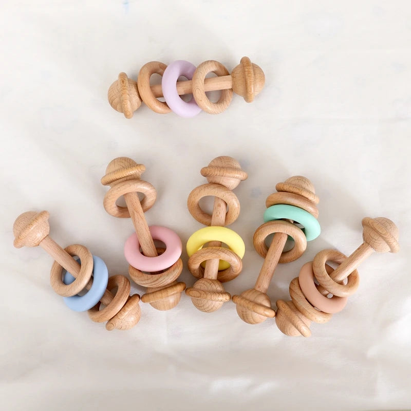 Baby Toys Wooden Rattles Silicone Ring Baby Rattles and Mobiles 0 12 Months Sensory Toys for Baby  Wooden Teether for Baby Gifts