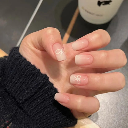 Nude Pink Almond Fake Nails Women Simple Charm Manicure Full Cover Press on Nails Bowknot Printed Detachable False Nails 24Pcs