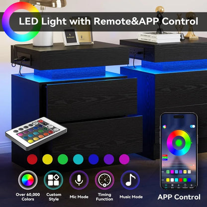 Night Stand with Charging Station, Modern Black Nightstand with LED Light and Drawers, Bedside Tables/End Table for Bedroom