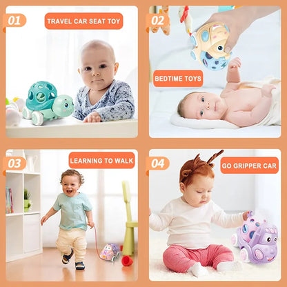 Baby Car Toys for 6 12 Months Friction Car Infant Soft Rubber Inertial Push and Go Vehicles Roll Car Hand Rattle Gift for Kids