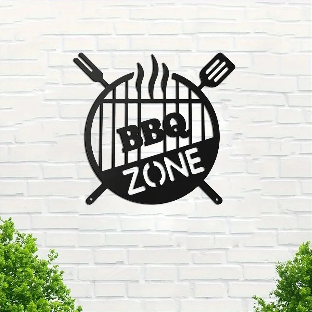 Barbecue Wall Hanging Decor BBQ Zone Retro Signs Grill Outdoor Backyard Kitchen iron Art Decoratio Art,Metal Round Grill Sign