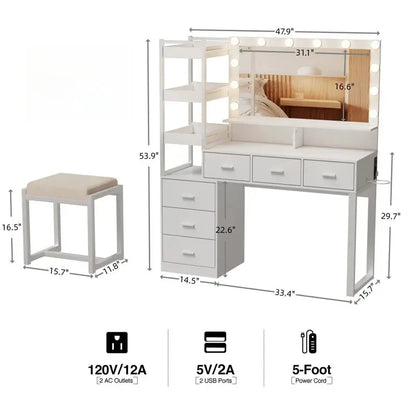 Bedroom Wood Modern Furniture Vanity Dressing Table Makeup Vanity Desk with Large Mirror and Drawers for Makeup