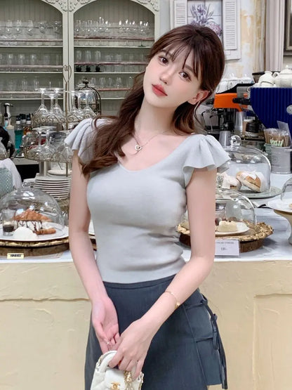 Women Clothes Summer Casual Fashion Simplicity Solid Color V-neck Tops Women's Trend All-match Sweet Temperament Slim T-Shirt