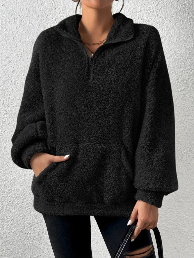 2024 Autumn Winter Fashion Women Velvet hoodie Solid Color Thickened Plush Pullover Big pocket Warm Long Sleeve Lady Sweatshirt