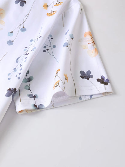 XUANSHOW Summer Women Uniform Flowers Printed Work Wear Pocket Front Short Sleeve V Neck Clothes