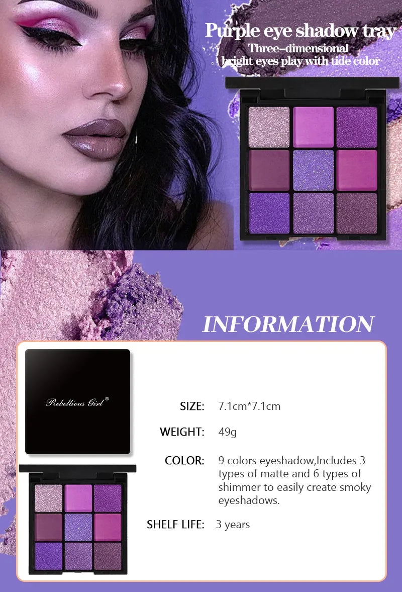 Luxurious Purple Eyeshadow Palette 9 Color Matte and Shimmering violet Eye Makeup for Creating Smoky or Natural Looks Cosmetic