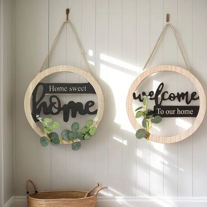 Rustic Farmhouse Wall Decor Signs, "Home is Sweet Home","Welcome to Our Home"-Natural Wood Hanging Decoration with Black Letters