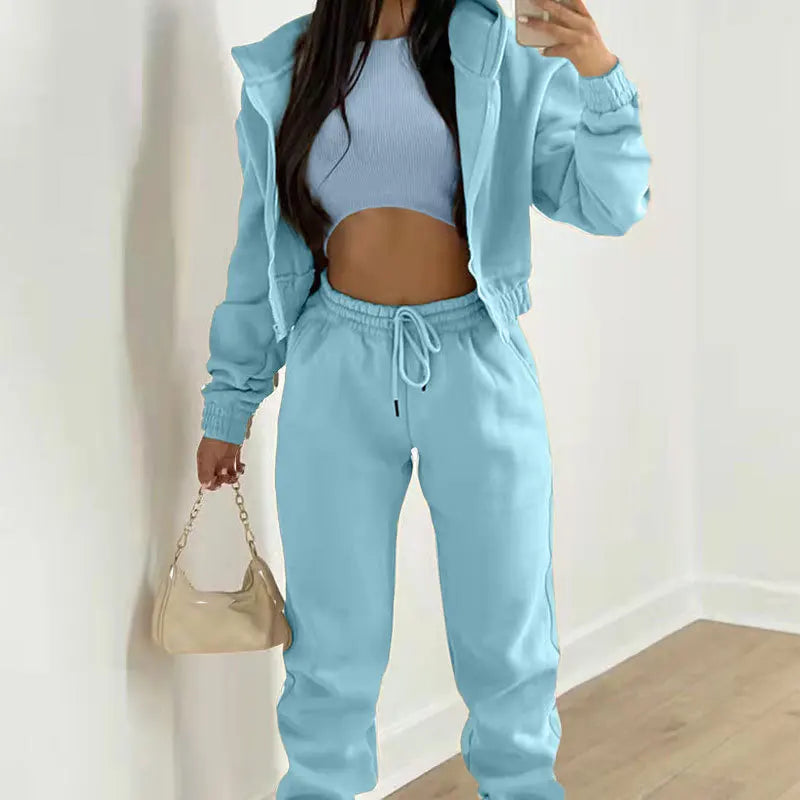 Women's 3-piece Trousers Velvet Hooded Sweatshirt Sports Casual Outfit Casual Long Sleeve Ribbed High Waist Pant Suits Sporty