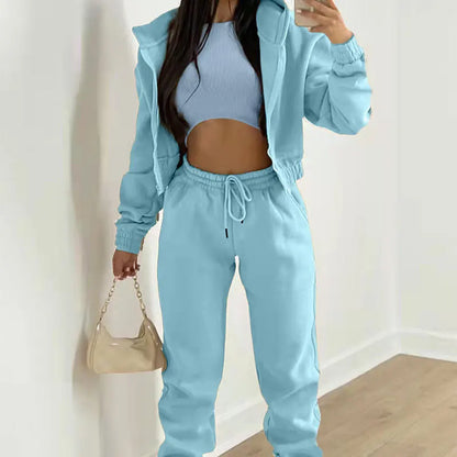 Women's 3-piece Trousers Velvet Hooded Sweatshirt Sports Casual Outfit Casual Long Sleeve Ribbed High Waist Pant Suits Sporty