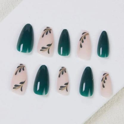 24pcs/box Women Long Almond Shaped False Nails Green Leaves Diy Fake Nail Artificial Acrylic Wearable Full Coverage Fingernail