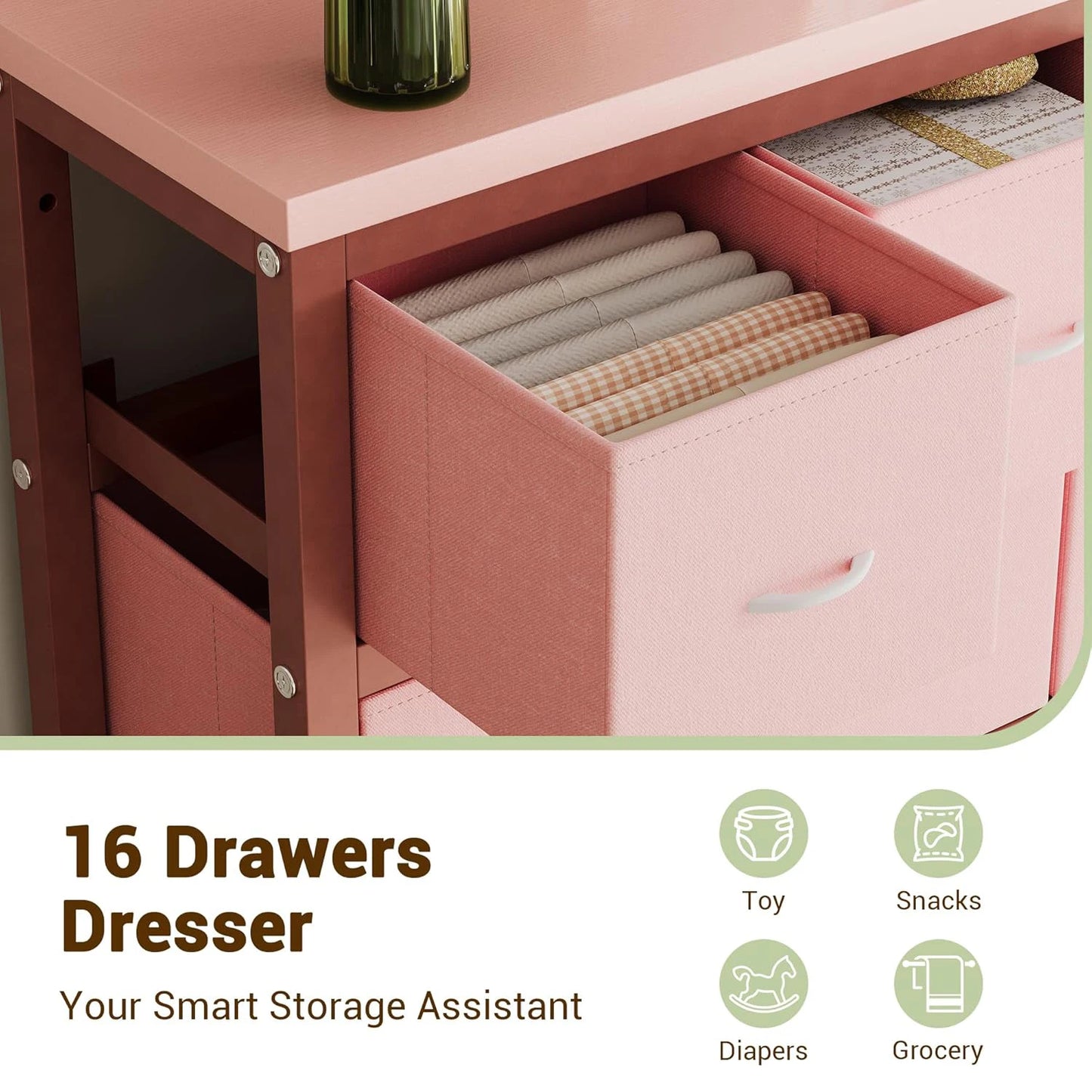 Dresser for Bedroom with 16 Drawer, Dressers & Chests of Drawers, Tall Dresser for Bedroom, Dresser Organizer with Fabric Bins