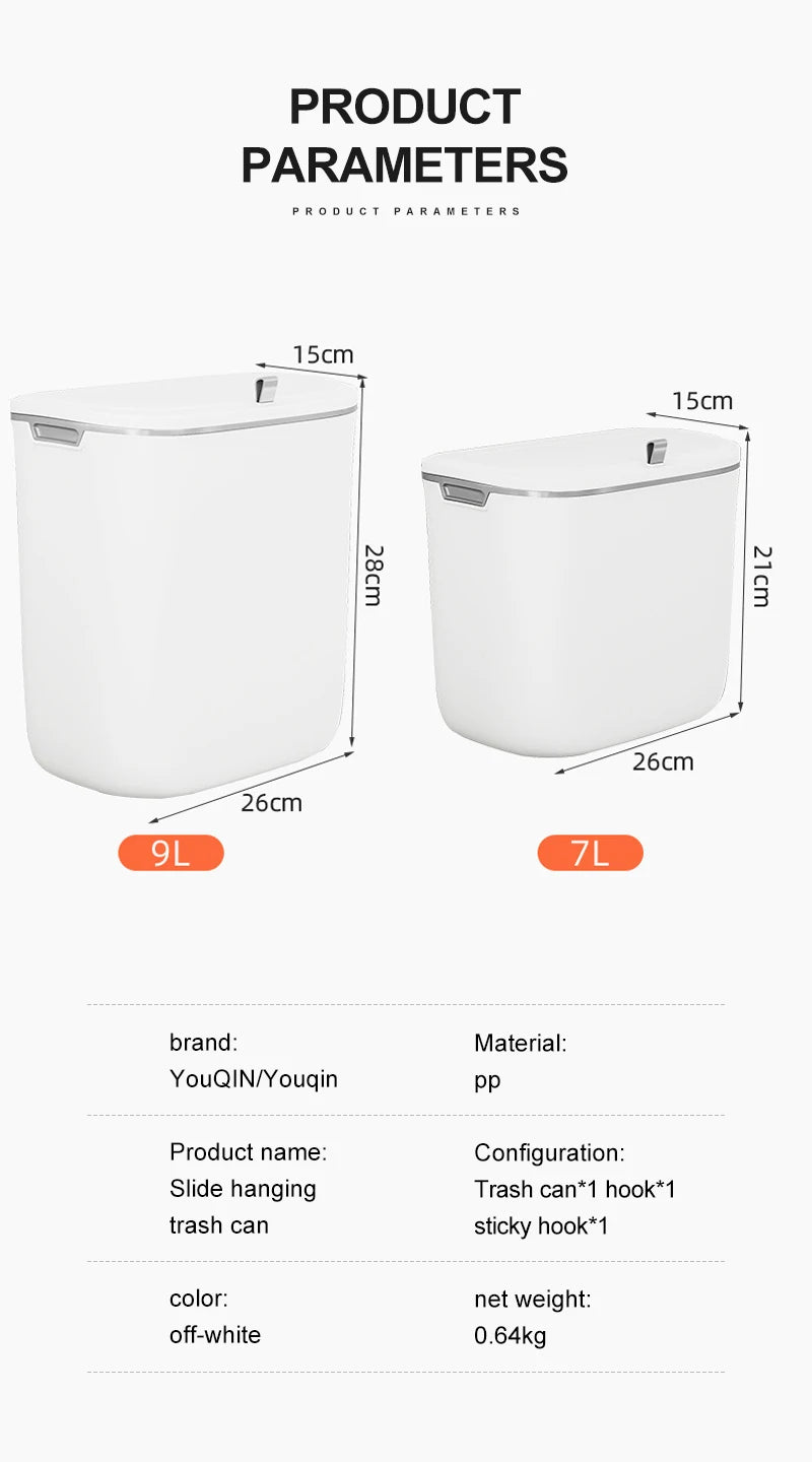 Bathroom Trash Can Wall Mounted Hanging Trash Bin With Lid Waterproof Narrow Seam Rubbish Bin Toilet Waste Garbage Bin 7/9L