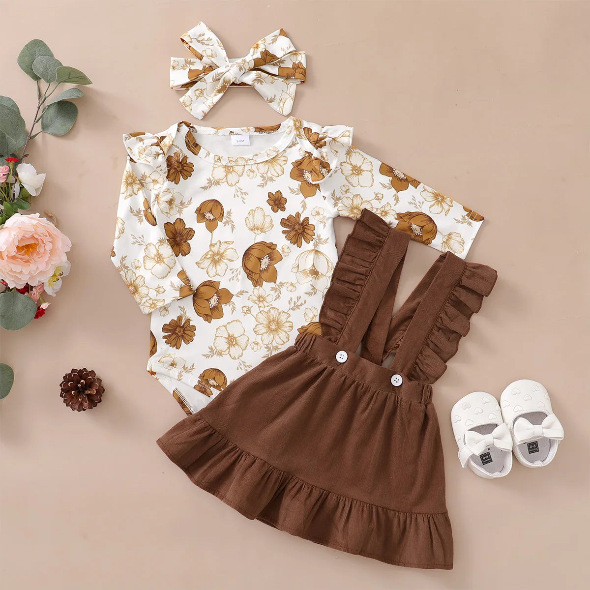 0-12 Months Newborn Baby Girl Clothes Set Flowers Print Long Sleeve Romper Top Suspender Skirt Spring&Autumn Lovely Outfit