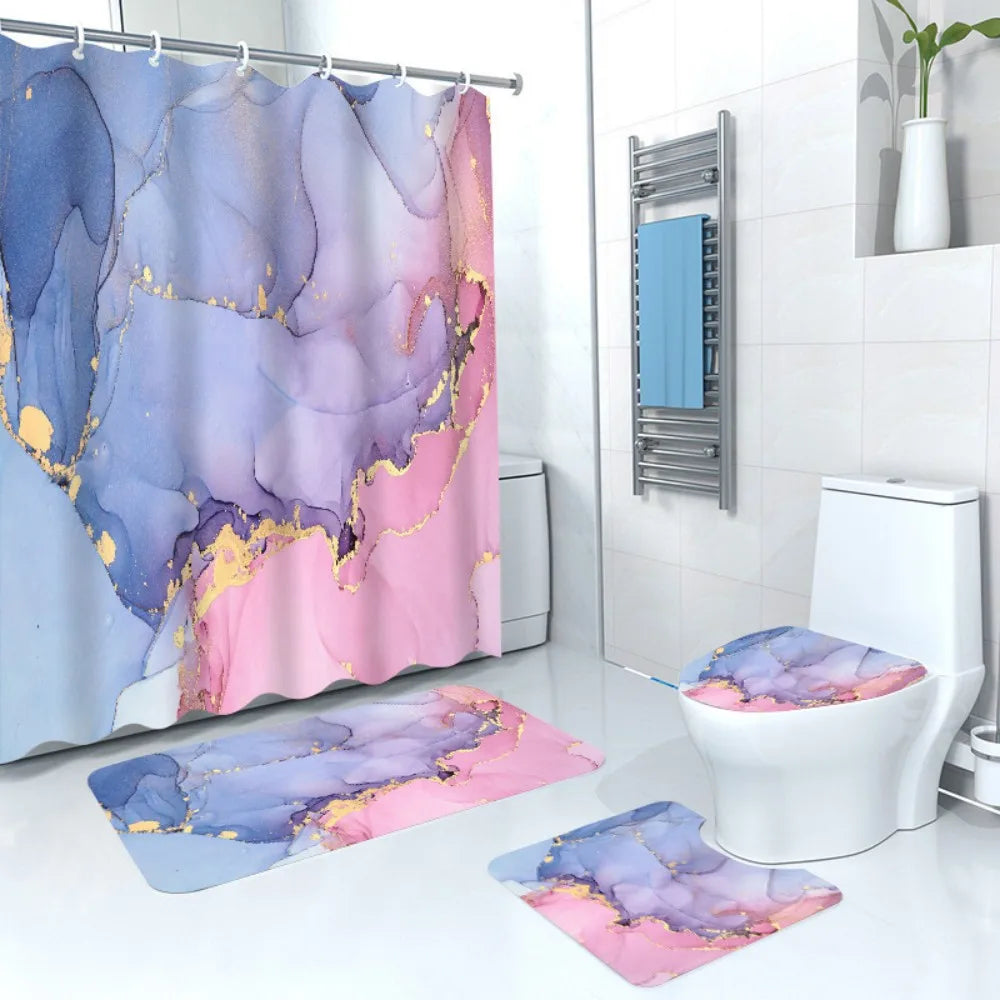 3D Blue Marble Print Shower Curtain 4 Piece Carpet Cover Toilet Cover Bath Mat Pad Set Bathroom Curtain with 12 Hooks Home Decor